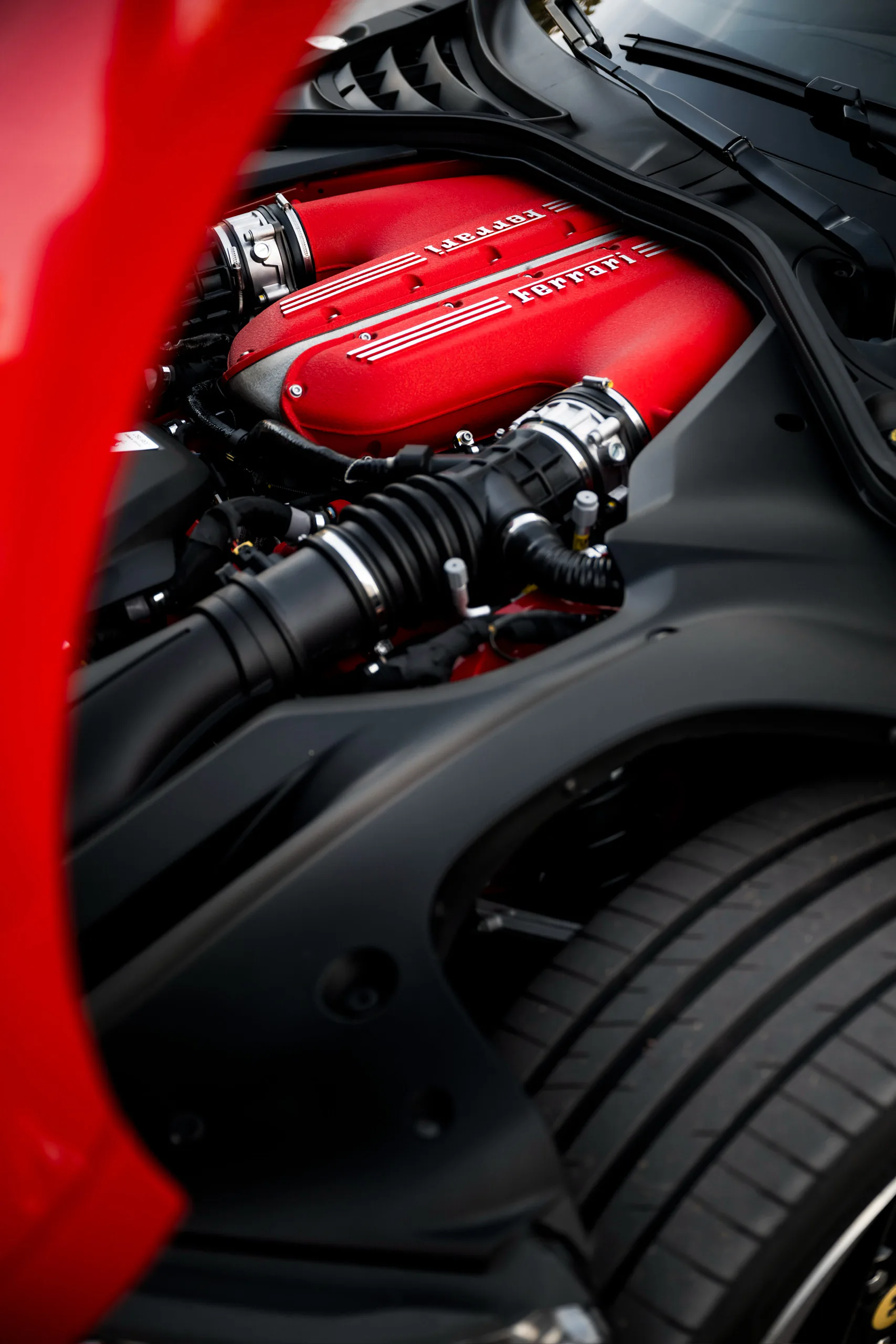 Red V12 intake plenum under the open bonnet of the 12Cilindri Spider